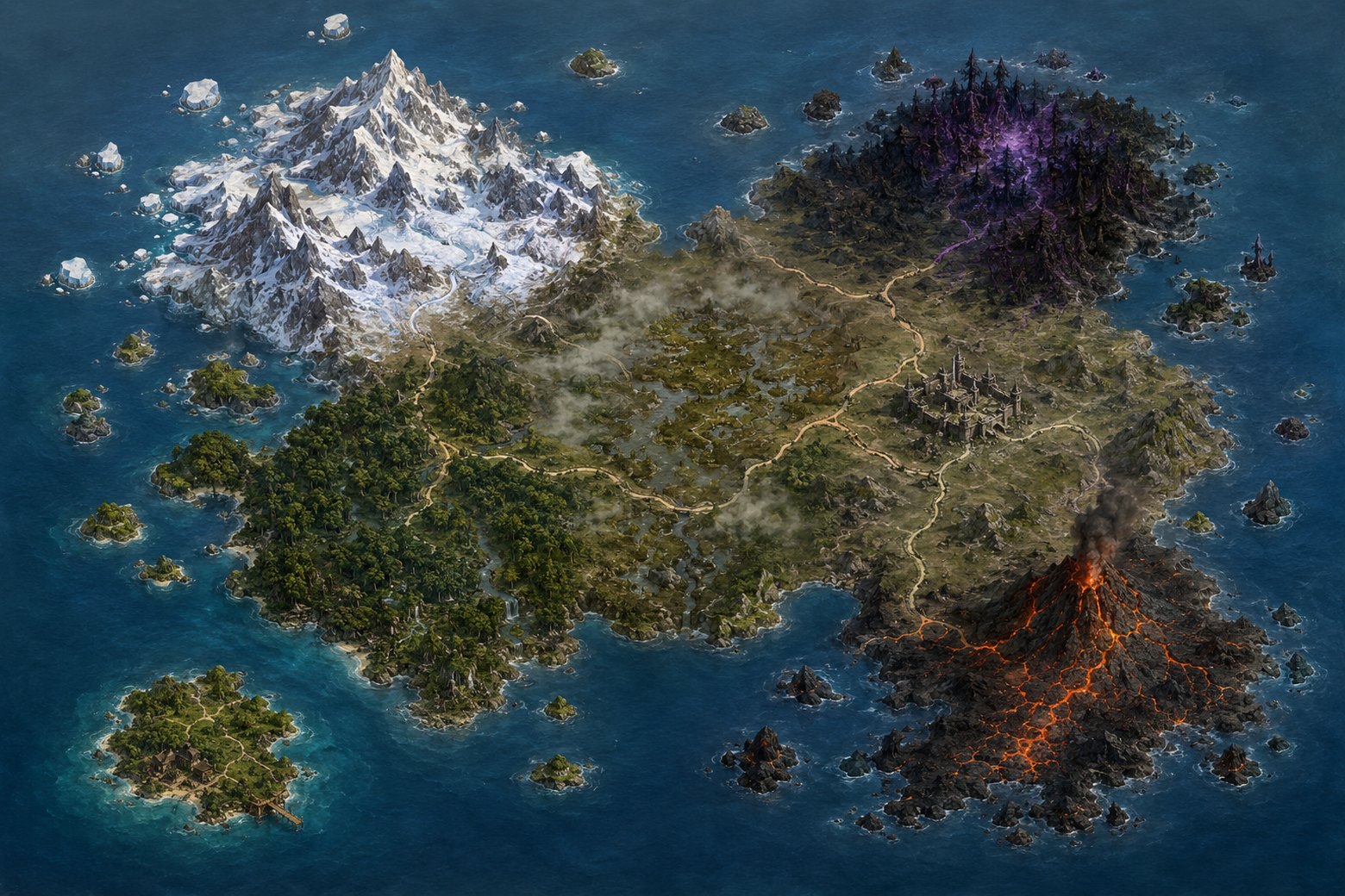 The painted world map of Aden: snow mountains in the north-west, forest and marsh through the middle, a castle on its plain, a volcano in the south-east, and small islands scattered across the ocean.